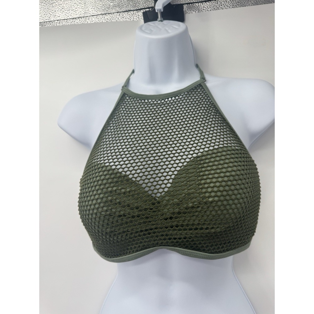 Green Mesh Bikini Top Sheer mermaid fairy M rave club crochet open knit halter - Picture 2 of 9